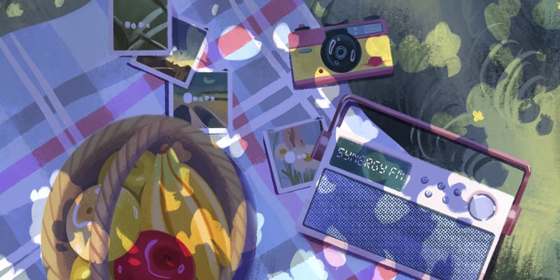 Fruit under tree and radio player