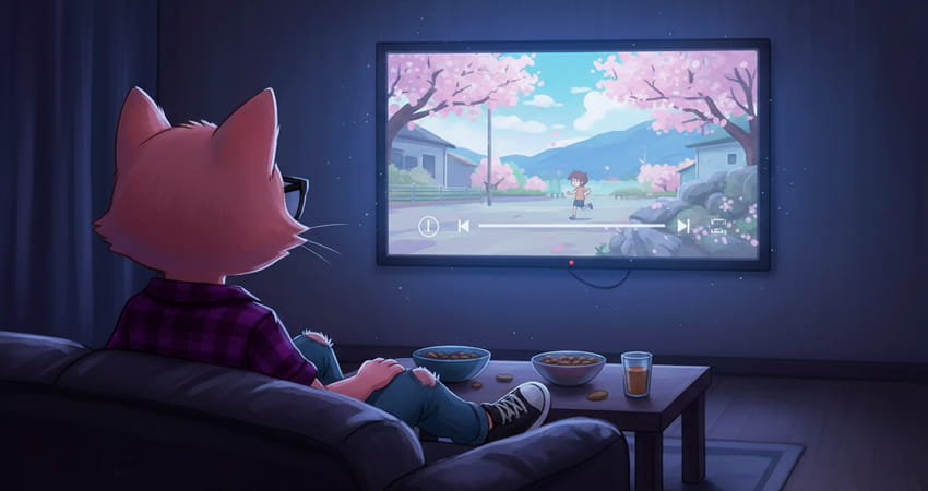 cat watching anime