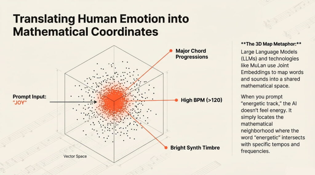 Infographic explaining how AI maps human emotions like joy to mathematical coordinates in a vector space using joint embeddings for music generation.
