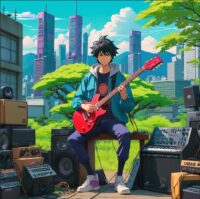 Electric Boogie TILL cover art, cozy lo-fi guitar aesthetic inspired by mountain landscapes.