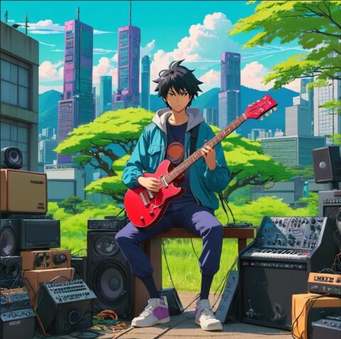 Electric Boogie TILL cover art, cozy lo-fi guitar aesthetic inspired by mountain landscapes.