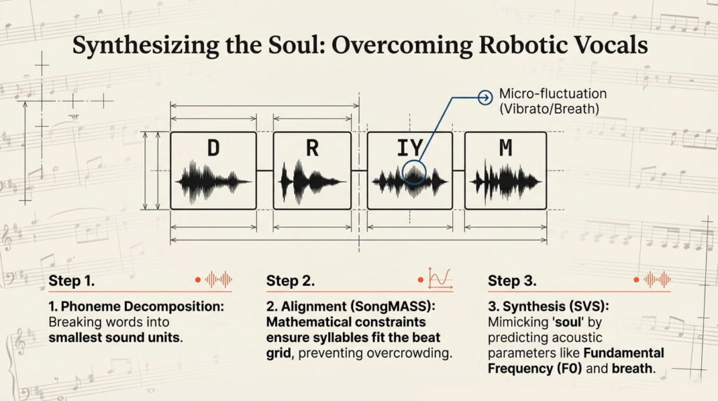 Infographic showing the 3 steps of AI vocal synthesis: phoneme decomposition, alignment to beat grid, and SVS synthesis with acoustic parameters.