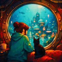 Cover art for Neo Tokyo Oceanic Observatory by Neologisticism: a girl and a cat by a window in an underwater hotel.