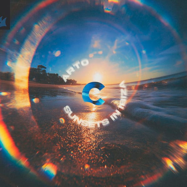 A cinematic sunset over the Mediterranean sea in Ibiza, reflecting the euphoric and chill mood of ARTO's melodic house release.