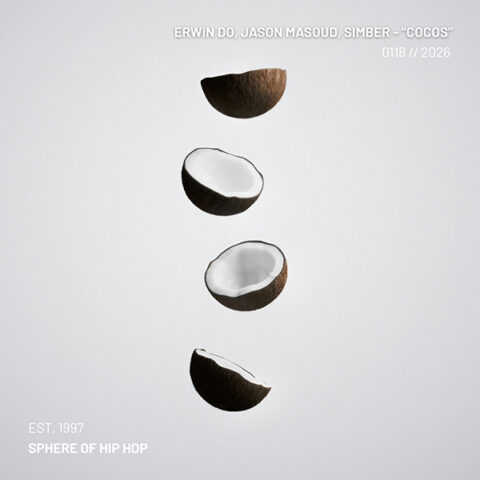 A warm, sun-drenched beach scene with a coconut in the foreground, reflecting the relaxed chillhop mood of the track Cocos.