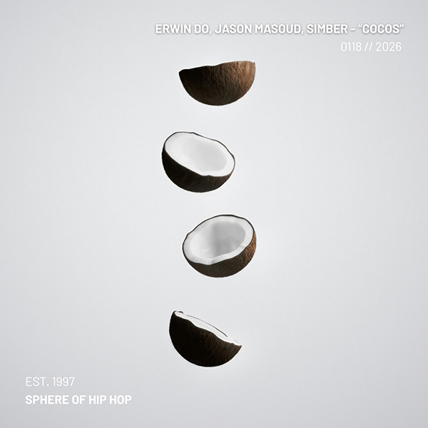 A warm, sun-drenched beach scene with a coconut in the foreground, reflecting the relaxed chillhop mood of the track Cocos.