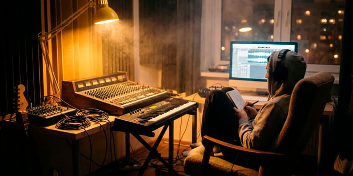 Atmospheric home music studio setup at night with DAW open on the screen.