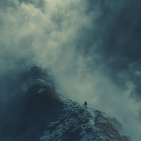 A mountain peak shrouded in clouds, symbolizing the inspirational journey of Iketa's "Ascent."