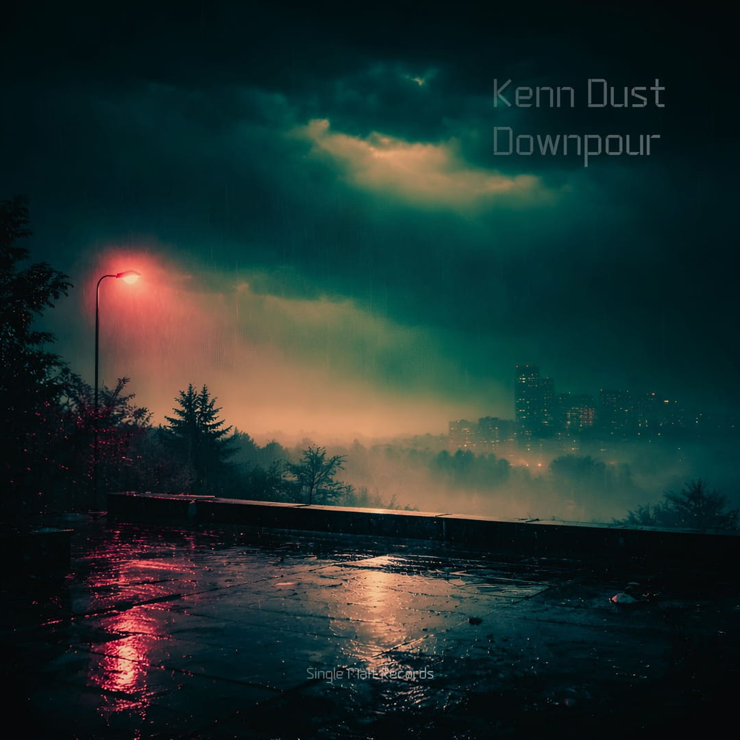 Rain-textured cover art for Downpour by Kenn Dust, reflecting a cinematic and melancholic atmosphere.