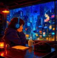 Neon-lit city street at night, capturing the synthwave and lo-fi atmosphere of Neologisticism's music.