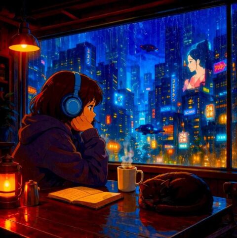 Neon-lit city street at night, capturing the synthwave and lo-fi atmosphere of Neologisticism's music.