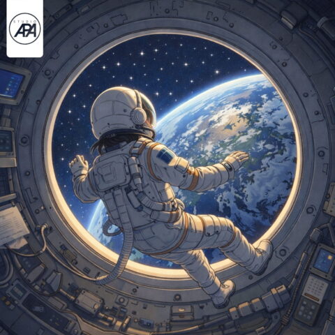 An astronaut on the cover of Hello, World! by Steve Nguyen, representing the theme of space exploration and nostalgia.