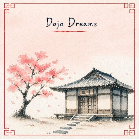 A minimalist image of a traditional Japanese koto leaning against a wooden wall in a sunlit dojo, reflecting the calm mood of Tove Tuesday's track.