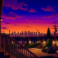 Atmospheric cover art for Neologisticism - Neo Tokyo Suburbs, featuring a nostalgic and cosmic lo-fi aesthetic.