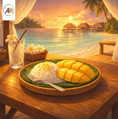 Vibrant cover art for Steve Nguyen's mango sticky rice, evoking a cozy lo-fi and chillhop aesthetic.