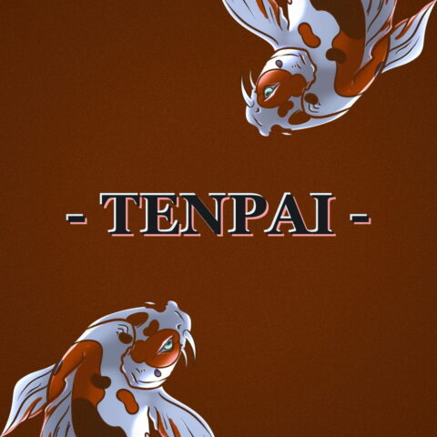 A steaming cup of coffee on a wooden table with soft blue and purple lighting, reflecting the rainy jazz-hop atmosphere of Tenpai's track.